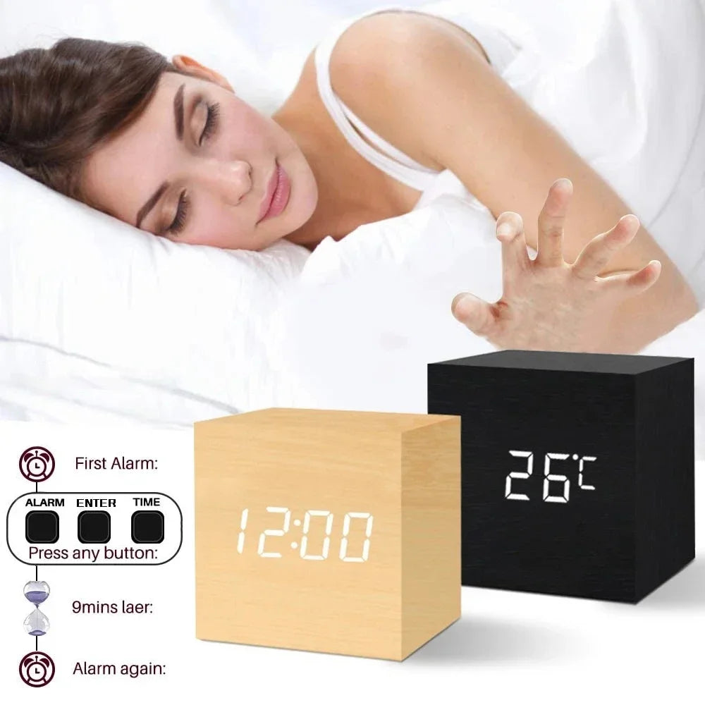 Wooden Elegant Bamboo LED Alarm Clock
